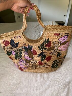 Olivia Miller Straw Tote with Pink, Green & Red Floral Embroidery